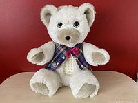 Front view of the white plush teddy bear with plaid vest showing button panel on chest