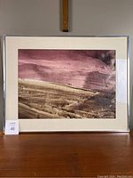 Full view of the framed E. Vargas painting showing the landscape scene with purple sky and figures with donkey.