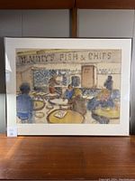 Framed watercolour painting "Granny's Fish and Chips" showing general full view of artwork and frame.