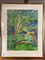 Full view of framed watercolour painting showing lush garden scene with birch trees and chairs