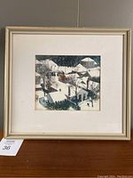 Framed watercolour painting showing snow-covered houses in Oakville during 1971 winter.