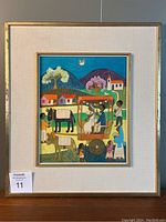 Full front view of framed painting depicting wedding procession scene