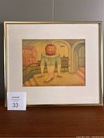 Framed coloured pencil drawing by Miro Malish on table with lot tag