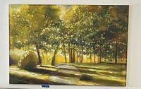 Full view of canvas painting depicting a wooded landscape with light filtering through trees and casting shadows on the ground