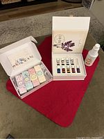 Photo showing Young Living essential oils set box with 10 oils arranged inside with lavender design, Lizush salt balms box open with 12 square balm cubes in different pastel colors, and a white bottle of Thrive Thieves cleaner on a red mat on carpeted floor.