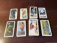 Photo of eight Red Rose Tea collectible cards displaying detailed wildlife and indigenous people illustrations on the front sides.