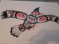 Close-up of the stylized bird print showing signature and coloring detail.