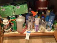 Shelf with assorted cleaning products, including bottles, sprays, and powdered cleaners