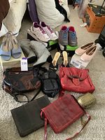 Full view of the shoes and handbags arranged on carpet floor, showing the variety of footwear and purses.