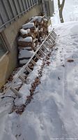Full view of aluminum extension ladder lying on the ground with snow and leaves, leaning near stacked firewood outdoors.