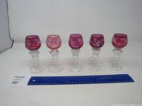 Five decorative purple/pink glasses arranged in a row with measuring ruler