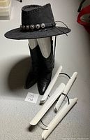 Photo of black cowboy hat on top of black cowboy boots with two sets of white plastic boot shapers in front.