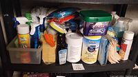 Full view of the shelf with various cleaning supplies including spray bottles, scrubbers, wipes, gloved, and detergent.