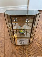 Glass display case with brass trim on hardwood floor, showing front and part of the interior and swan inside