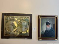 Both sea captain portrait painting and global map wall decor side by side on wall.