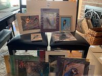 Overview of lot showing multiple matted photos of various birds including hummingbirds, peacocks, and a framed image.