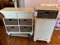 Photo showing the set side by side: cream-colored dresser with drawers and baskets, and cream-colored hamper unit with basket drawer.