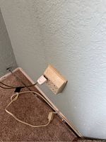 Power outlet with cords on beige carpet below wall corner, showing no other visible items.