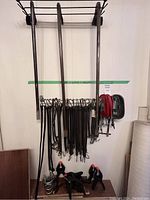 Wide view of assortment of crowbars hanging from a wall rack, with bungee cords and clamps below.