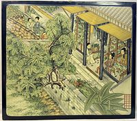 Front view showing detailed hand-painted Chinese outdoor scene with people, plants, and traditional architecture in natural colors on a lacquered wooden panel.