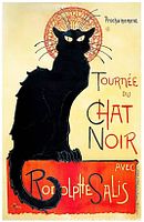 Original vintage Tournee du Chat Noir black cat print featuring bold black cat and text on yellow-red background.