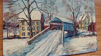 Frontal view of full painting showing bridge, buildings and snow scene