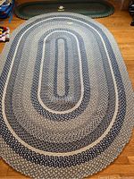 Large braided oval rug with concentric rings in shades of blue, gray and cream on hardwood floor