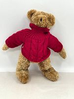 Front view of the vintage 'Jaden' teddy bear wearing a red cable knit sweater against a white background.