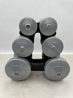 Front view of three pairs of silver dumbbells on black plastic stand showing 6 dumbbells total.