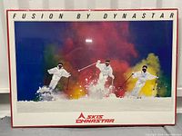 Full view of the vintage ski poster board showing three skiers skiing with colorful smoke behind them, titled Fusion by Dynastar.