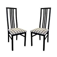 Pair of black lacquer wooden chairs with high backs and geometric grey and black upholstered seats, shown from front angle