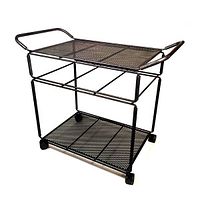 Black perforated metal bar cart with two shelves, rectangular shape, mounted on caster wheels, in good pre-owned condition.