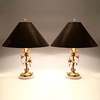 Pair of lamps side by side with shades and finials