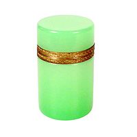 Closed cylindrical box showing pale green opaline glass surface and gilded bronze band