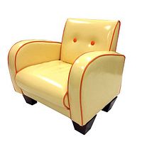 View of child's armchair upholstered in yellow vinyl with orange piping and buttons, showing padded armrests, seat and backrest on dark wood block legs.