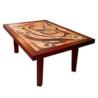 Perspective view of entire table showing the pottery tile top and cherry wood base