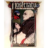 Crop of artwork showing vampire figure and woman with gothic border