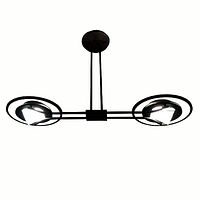 Front view of the black metal double disc chandelier with both discs illuminated and suspended horizontally from ceiling mount.