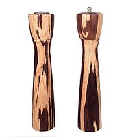 Front and side view of the tigerwood pepper grinder and salt shaker, showing the tall slender design and natural wood grain.