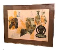 Framed lithograph displayed hanging against a white wall. Multiple women's faces and figures, abstract shapes and newsprint textures. Brown frame and light matting visible.