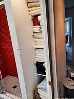 Shelves filled with linens and towels stacked vertically showing various colors and a glimpse of shower curtain at bottom.