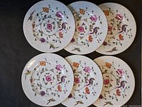 Set of six bone china salad plates with floral and birds of paradise design and gold edges.