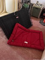 Large black metal wire dog crate and a red padded dog bed on floor.