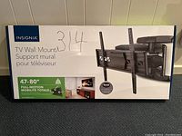 Full front view of original box showing Insignia TV Wall Mount for 47-80 inch TVs with full motion capabilities.