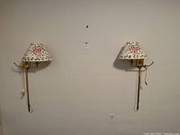 Photo showing two matching wall lights mounted on a white wall, both with floral ceramic lampshades and brass adjustable arms, side by side.