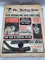 Photo of a Hockey News magazine cover from January 9, 1976, featuring headlines about 'Slick Russians,' 'Gary Dornhoefer,' and hockey news with black and white images and red highlights in text boxes.