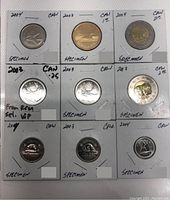 Front of each coin showing various Canadian birds, animals, and the Bluenose schooner with labeled year and denomination