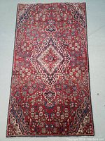 Full view of the rectangular Persian rug showing central medallion and intricate flower patterns in red and blue tones.