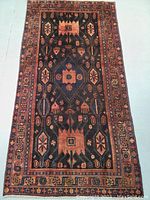 Full view of rectangular rug showing overall tribal design and border
