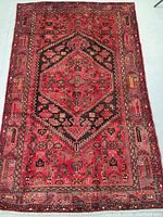 Full view of rug laid flat showing central medallion and border motifs